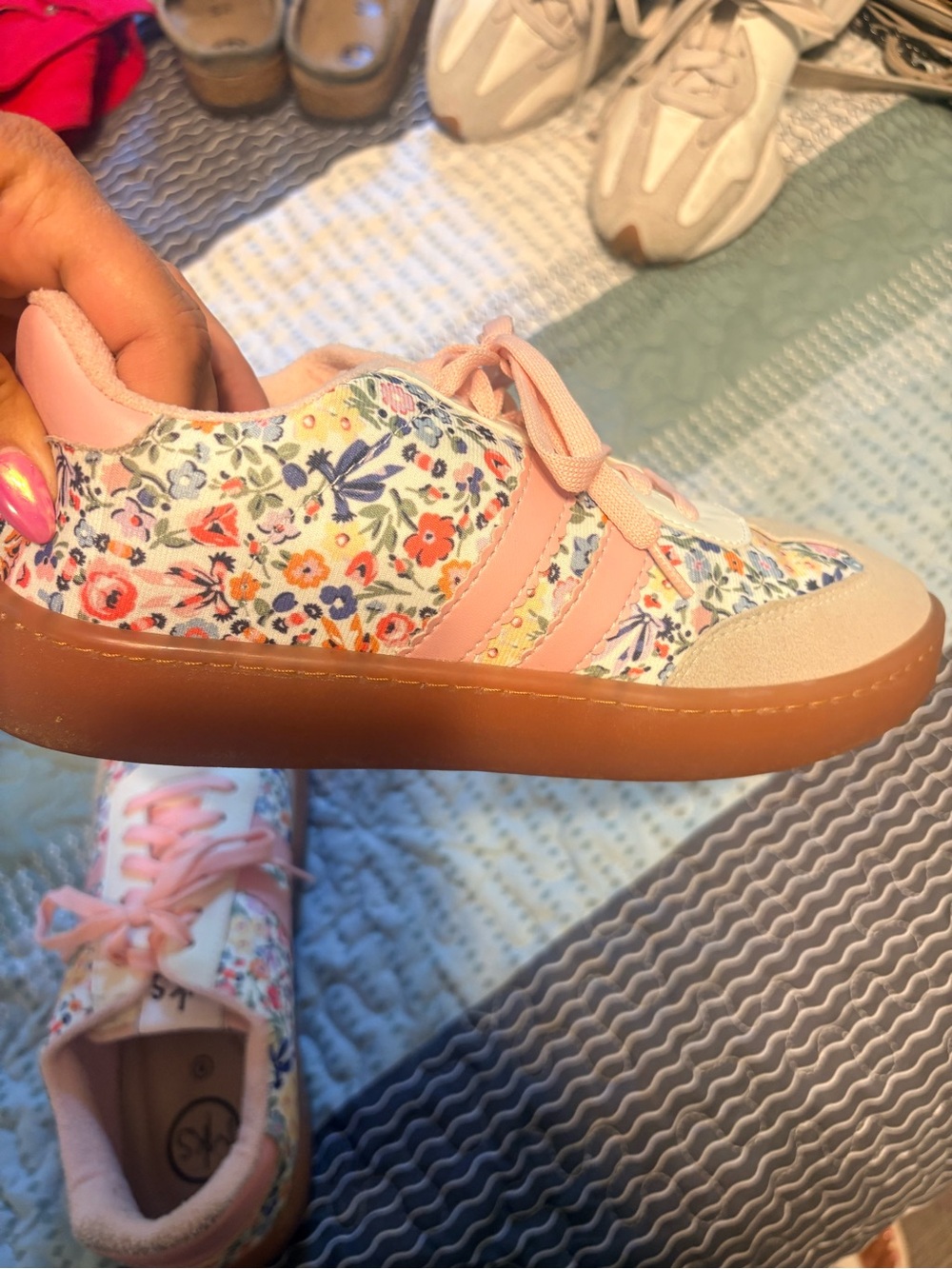 Women’s Pink Floral Lace-Up Sneakers with Gum Sole